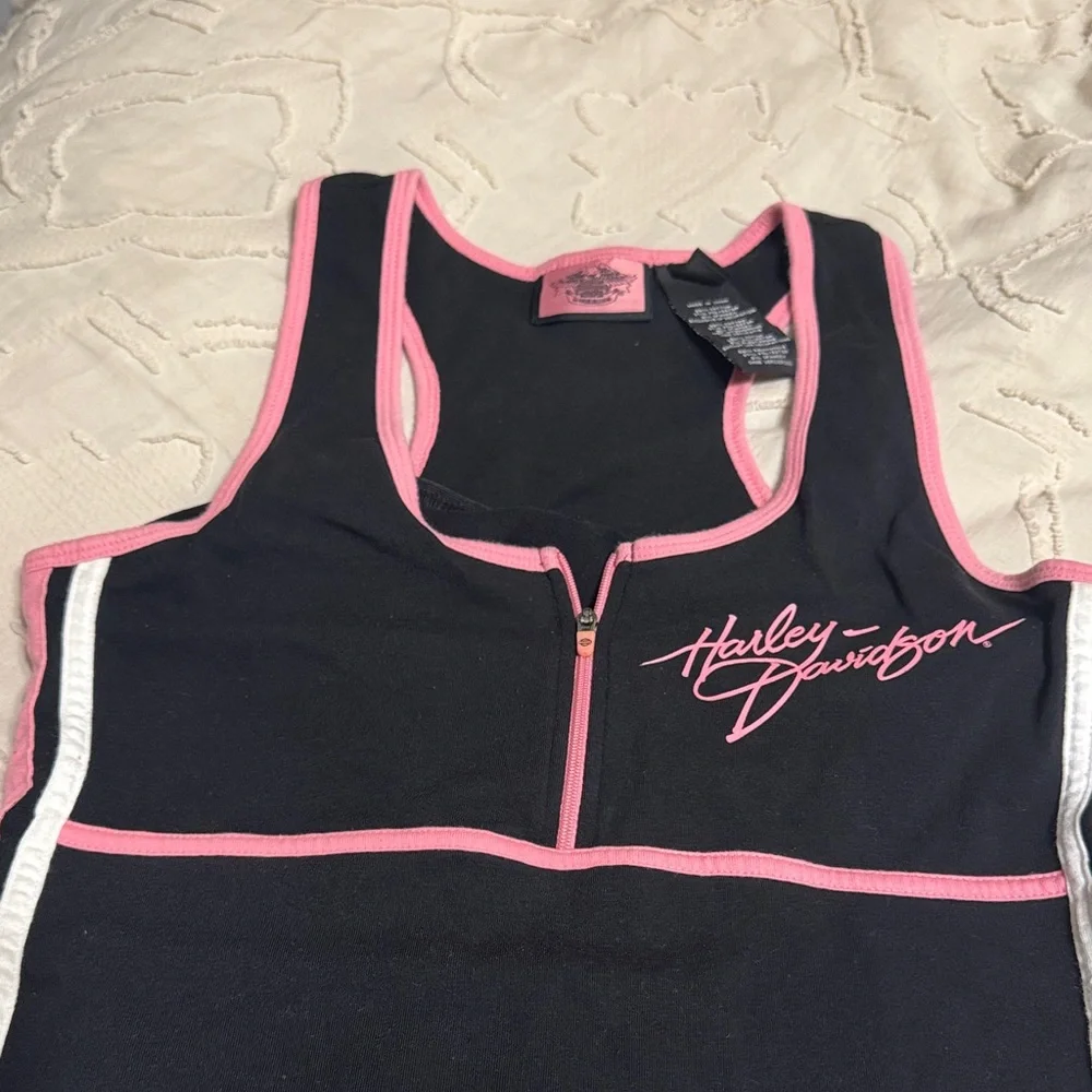Harley-Davidson Women's  Race Back Black Tank Top with Pink Trim - Picture 2 of 4